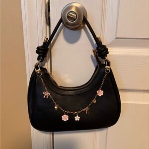 Black Faux Leather Handbag with Gold Charm Chain